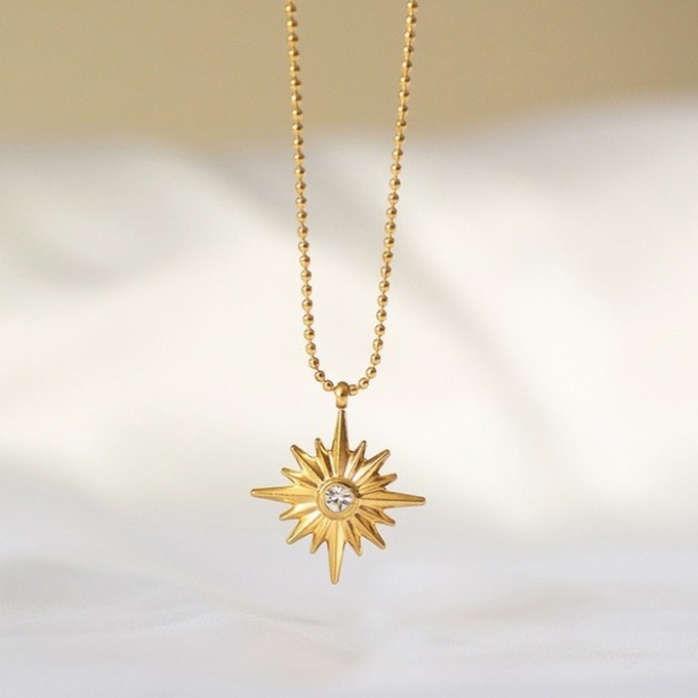 Gold Starburst Pendant Necklace with Clear Crystal